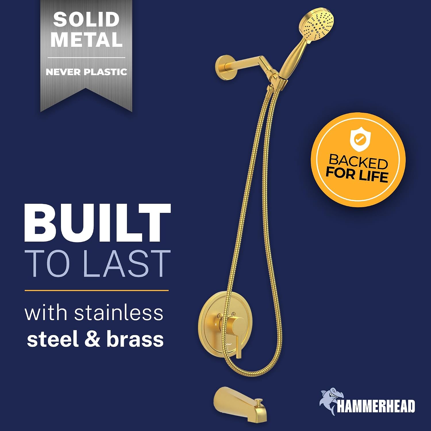 HammerHead® Solid Metal Tub Shower Faucet Set with Valve, Trim, Handheld Shower Head, 7" Arm, 72" Hose and Spout – Bathtub Faucet Set for Bathroom Remodel, Complete Shower Tub System - Brushed Gold
