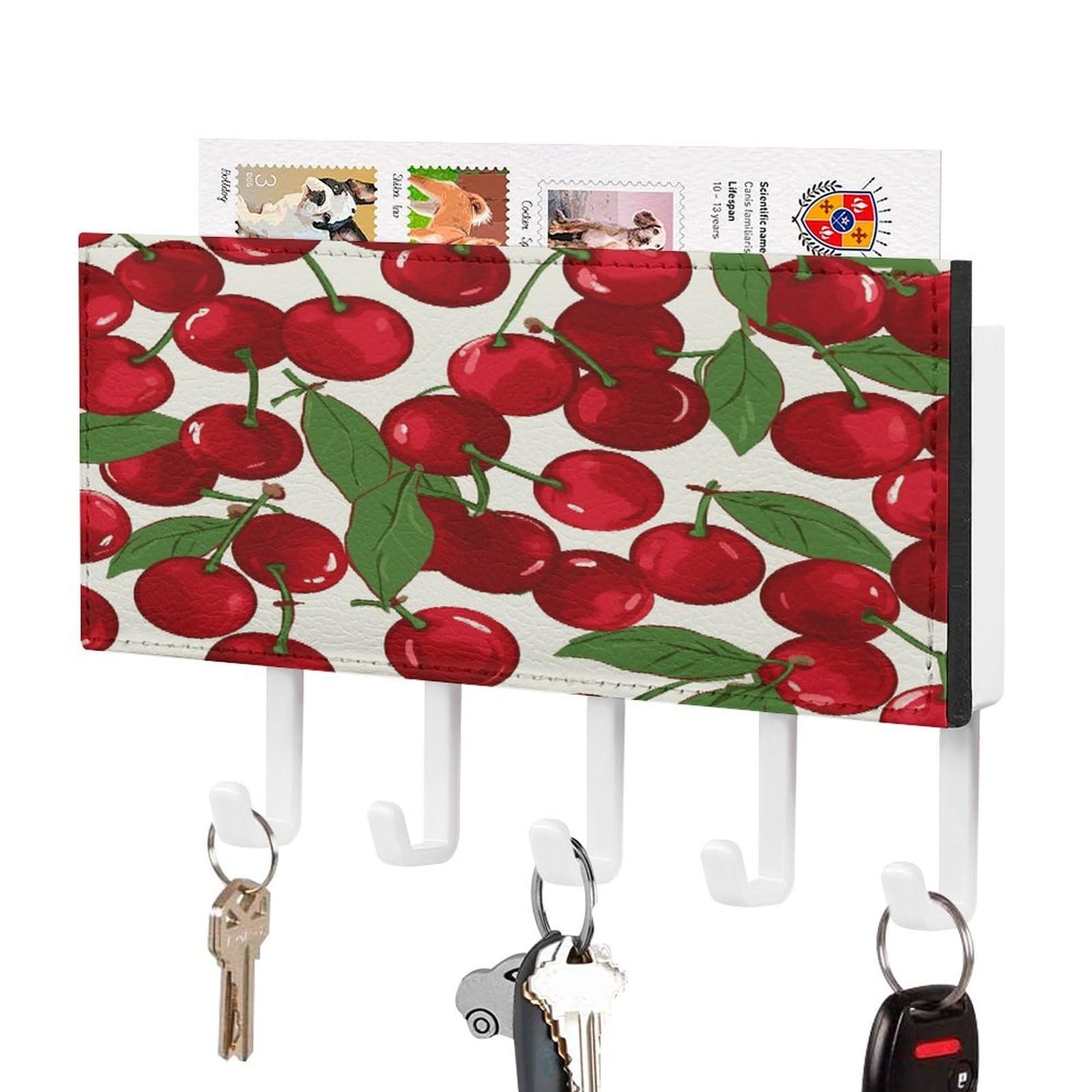 FekiLoot Red Cherries Key Holder for Wall Decorative,2 Installation Ways Keys Hanger Keys Holder Wall Mount Hanging Key Hooks with Mail Organizer for Wallet House Accessories
