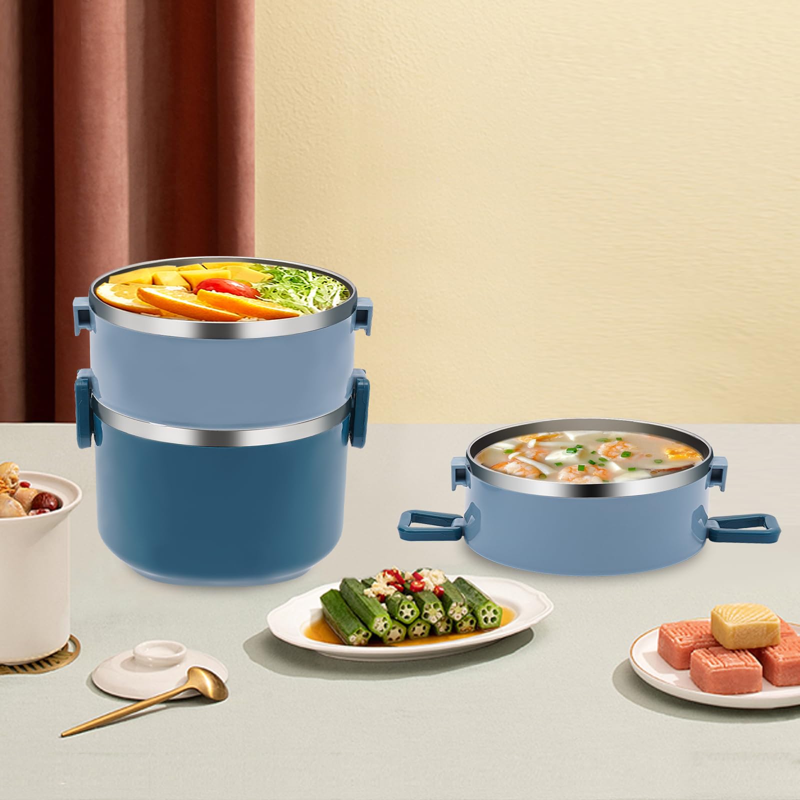 Boîte à déjeuner à 3 étages empilable Bento - 2400 ml - En acier inoxydable - Grande boîte à bento pour la maison, le travail, le bureau et l'école - Bleu