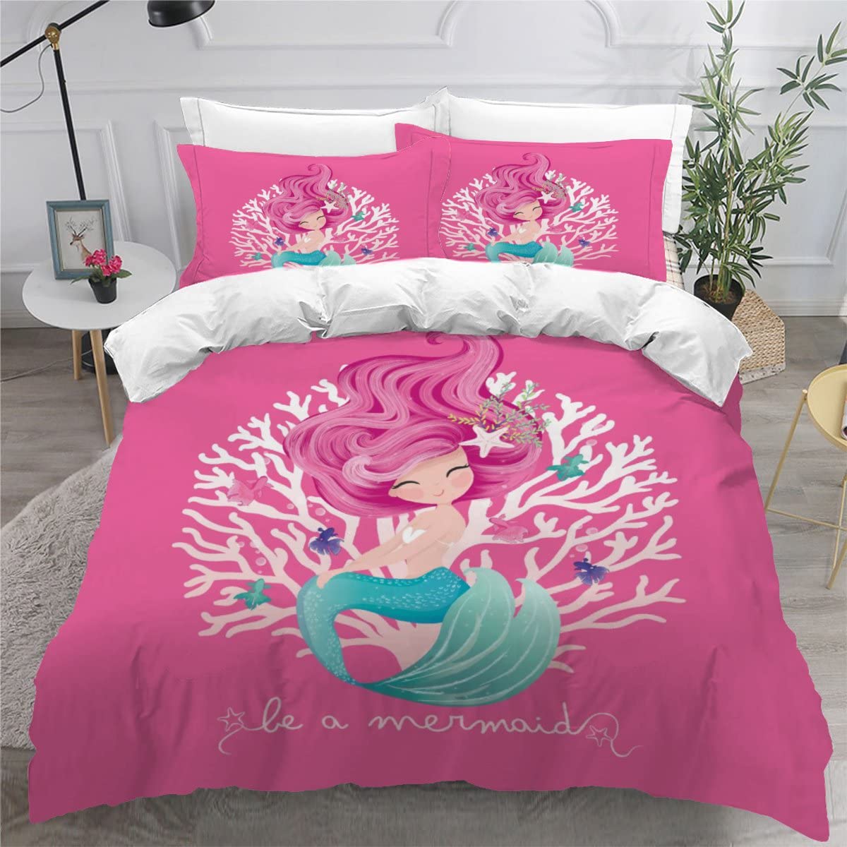 Housse de couette 200x200 sirène parure de lit 1 personne enfant rose 3D imprimé