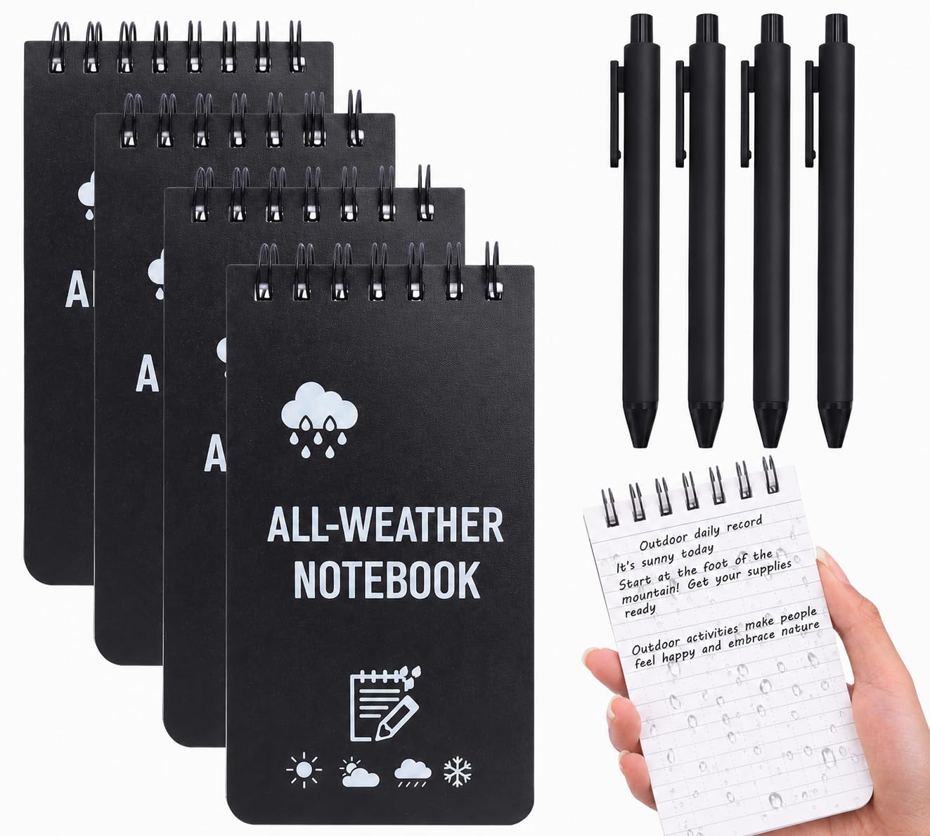 Zynqo 4 Pack Mini Waterproof Notebook, 3x5in Pocket Notepads with 4Kraft Paper Pens All-Weather Memo Pads Military Mini Notebook 50 Page with Top-Spiral for Office, Outdoors, School (Black)