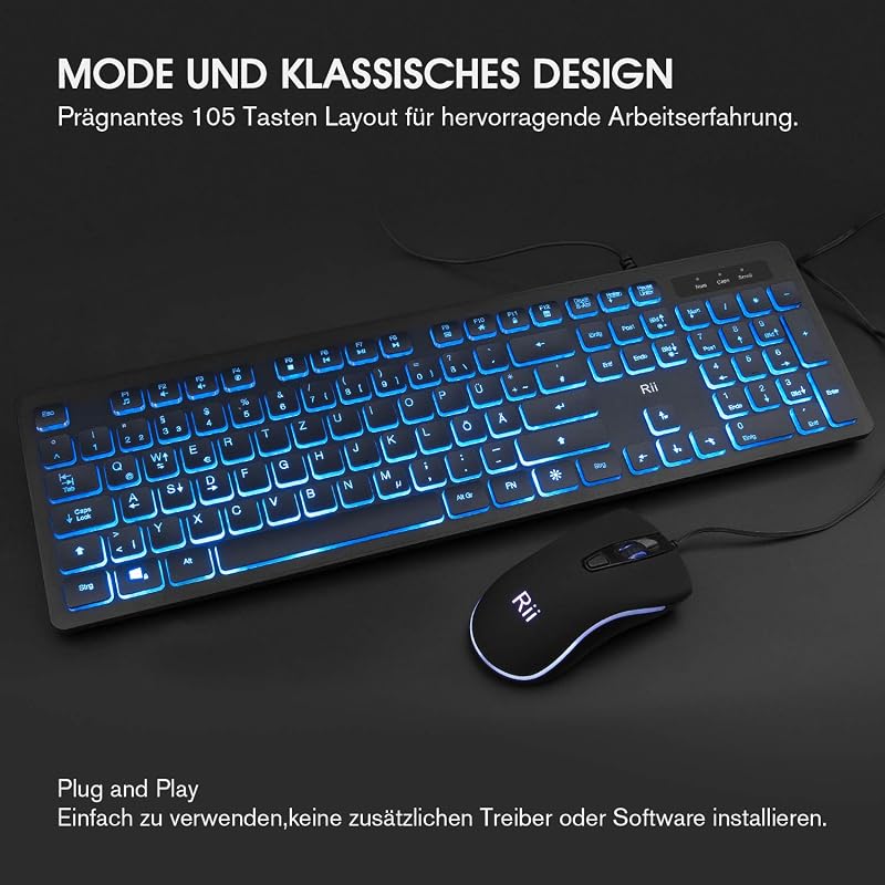 Rii Gaming Billentyűzet és Egér Szett LED Háttérvilágítással, Vezetékes QWERTZ