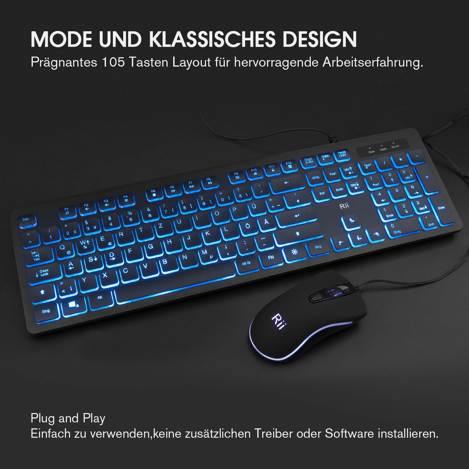 Rii Gaming Tastatur und Maus Set mit Kabel, 3 LED Hintergrundbeleuchtung QWERTZ (DE-Layout), Kabelgebundene Tastatur mit Maus für PC, Computer, Laptop, Schwarz