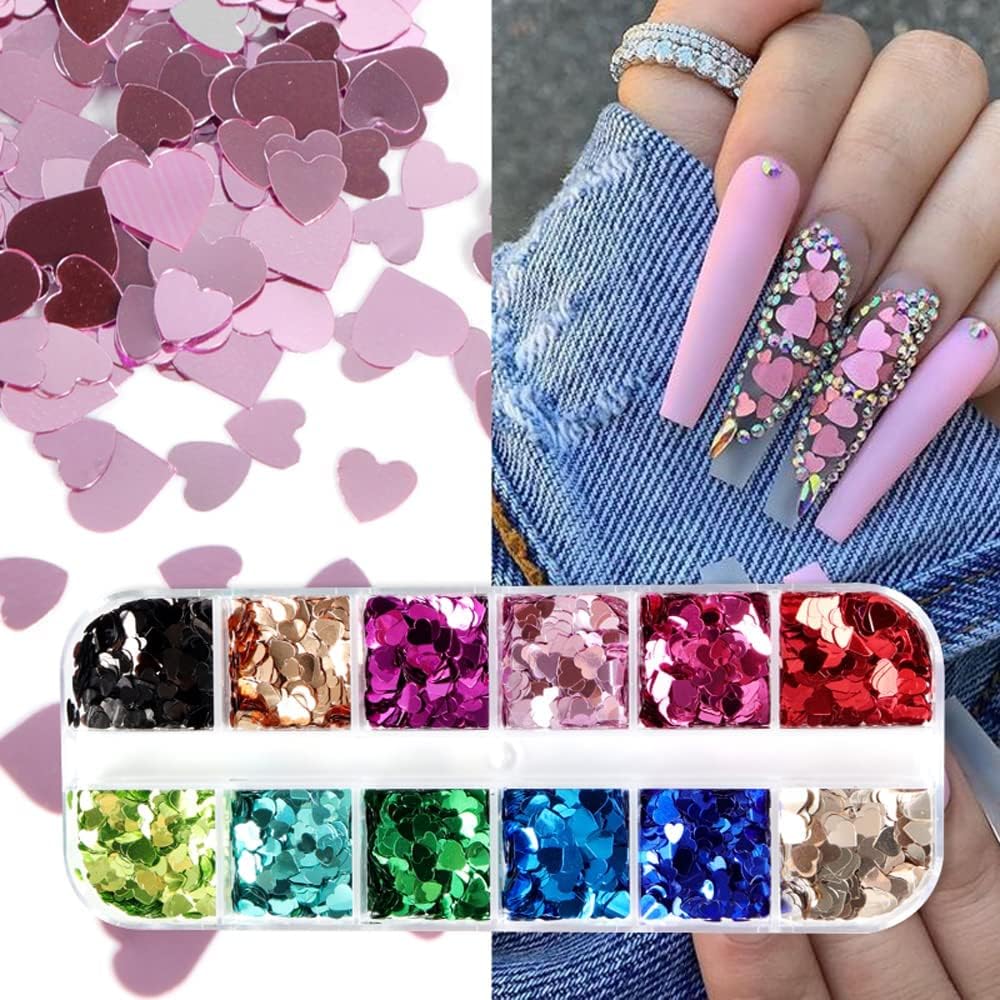 3D Heart Nail Art Glitters Stickers Colorful Love Hearts Nail Sequins Holographic Laser Sparkle Nail Flakes Shiny Charms Design for Acrylic Nail Supplies Nail Decors Tools (Multicolor)
