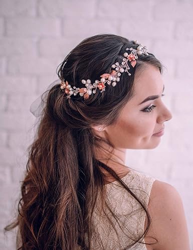 Miniatura 2 de Jumwrit Diadema de perlas de novia con diamantes de imitación, tocado de flores y hojas de vid para el cabello, delicada banda para el cabello,