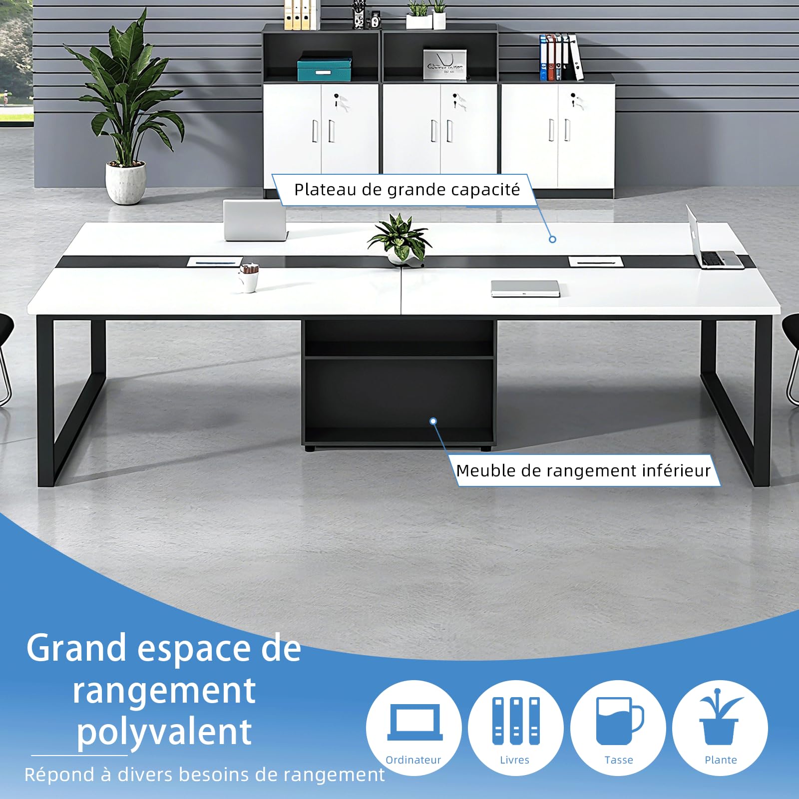 Grande Table de Conférence avec Module de Rangement – Table de Réunion Moderne 8 à 12 Personnes, Passe-Câbles, Structure Métallique Noire, Idéale pour Bureaux, Salles de Réunion et Formations
