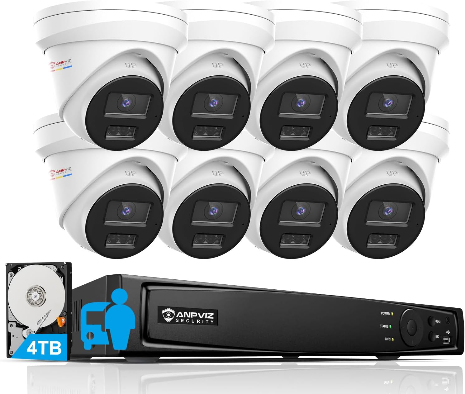 Anpviz 4K 16CH PoE Security Camera System, Smart Color Night Vision, 8X H.265+ Wired 8MP IP Cameras Outdoor with Mic, Human Vehicle Detection, 4TB HDD 16 Channel 12MP NVR, 24/7 Recording(H Series)