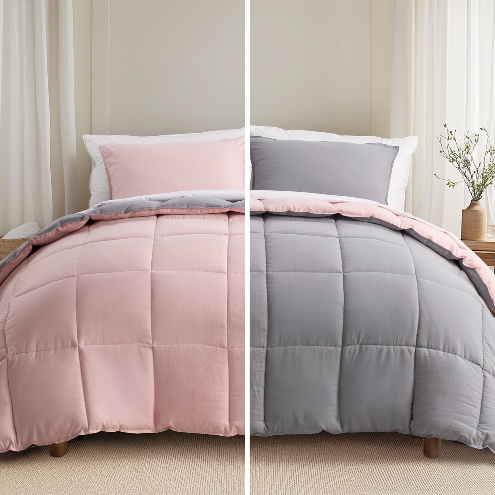 KASENTEXReversible No-Shrink Queen Size Comforter Set and 2 Shams - Down Alternative Duvet Insert with Corner Ties, Lightweight, Ultra Soft, Machine Washable, All-Season (Pink Potpourri/Silver)OEKO-TEX STANDARD 100