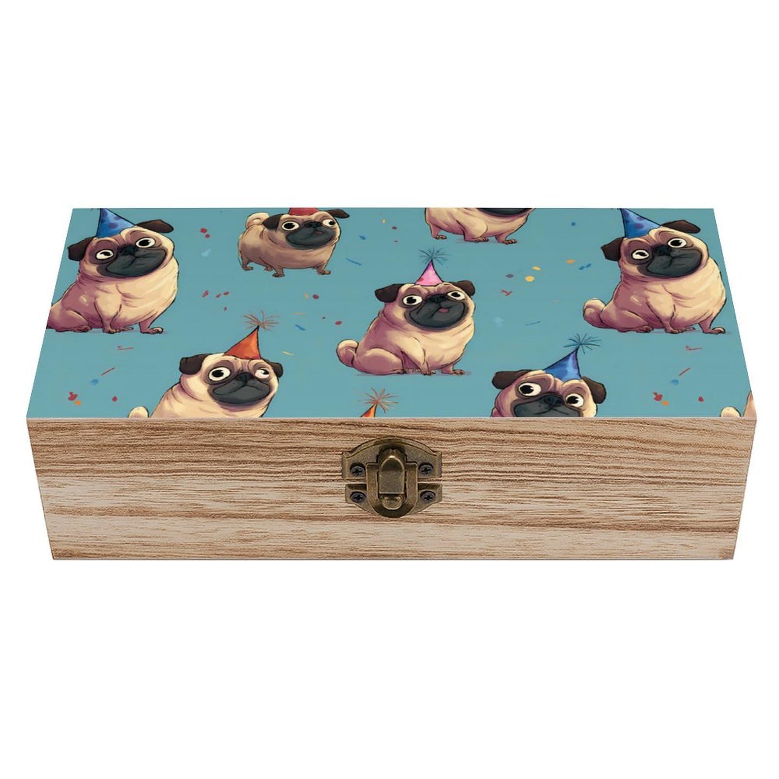 Pug Dog Cute Wooden Box with Hinged Lid Decorative Storage Case Container
