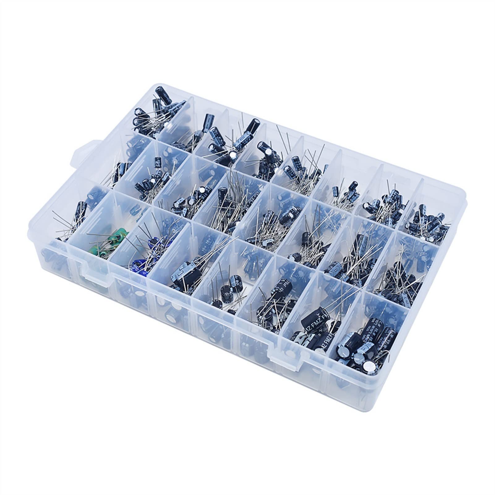 Accesorios electrónicos Condensadores 500 unids/lote 0,1 UF-1000UF 24 valores condensadores electrolíticos de aluminio 16-50V condensador electrolítico mixto kit surtido y caja de almacenamiento Dispo