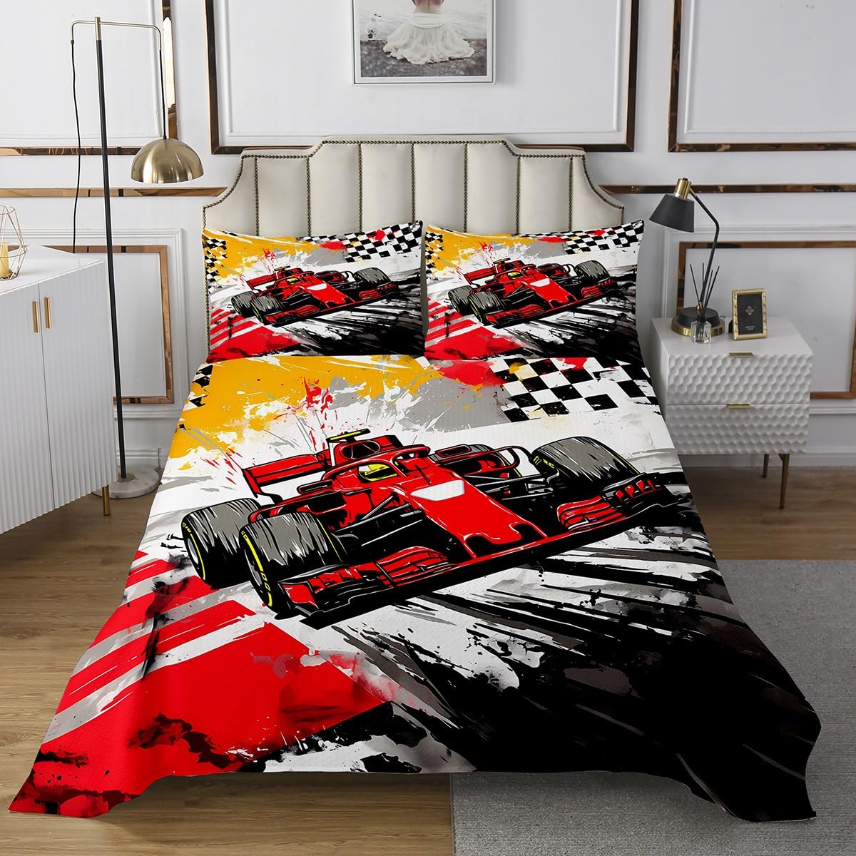 Castle Fairy Formula Race Car Coverlet Set King Size Racing Checkered Flag Bedspread Fashion Room Decor Speed Extreme Sports Quilted for Boys Gift Abstract Graffiti Bedding with 2 Pillowcases
