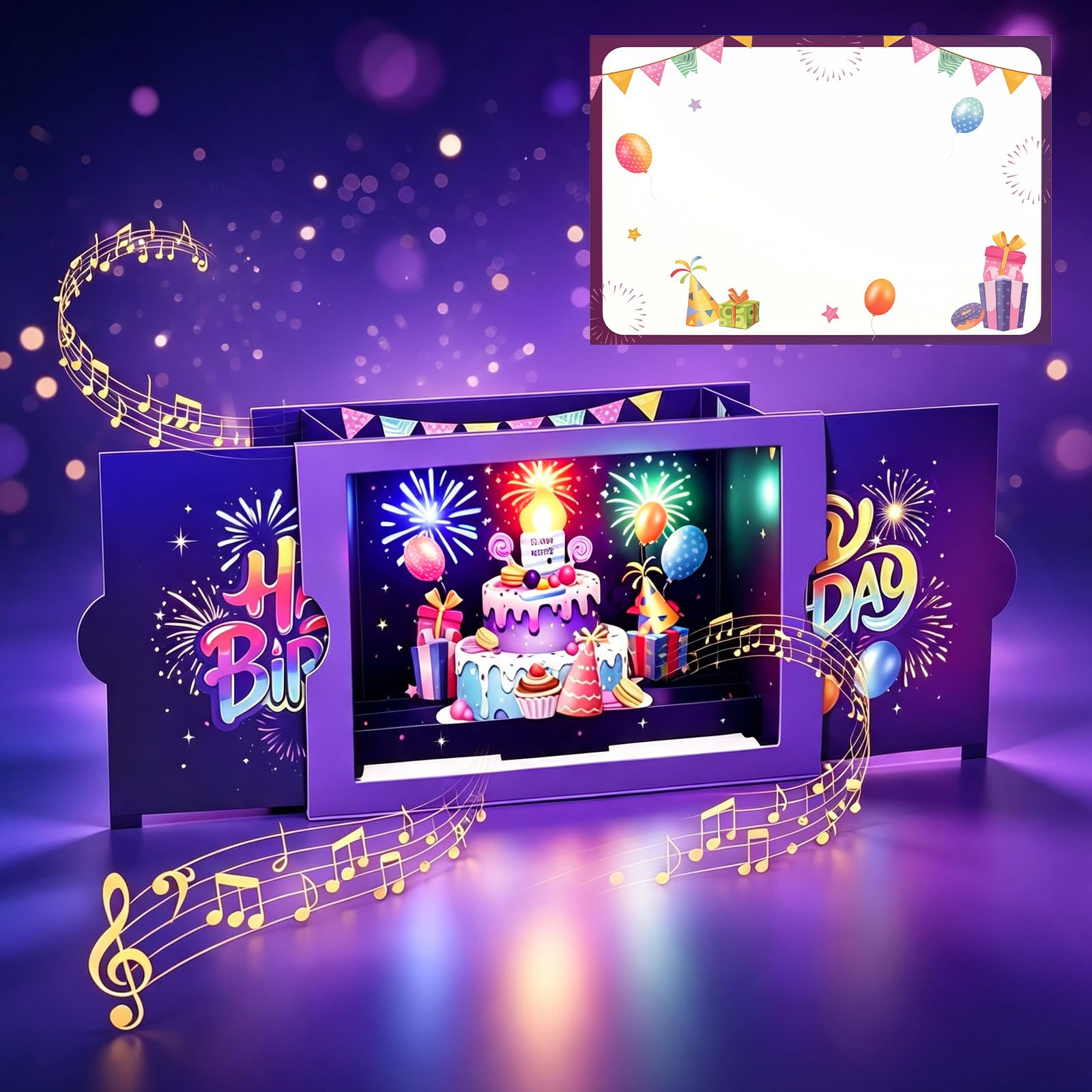 Birthday Cards, Happy Birthday Card with Music&Light, 3D Pop up Birthday Card with Blow-out Candle, Pull-out Birthday Gifts for Women Men Husband Mum Wife Kids Daughter