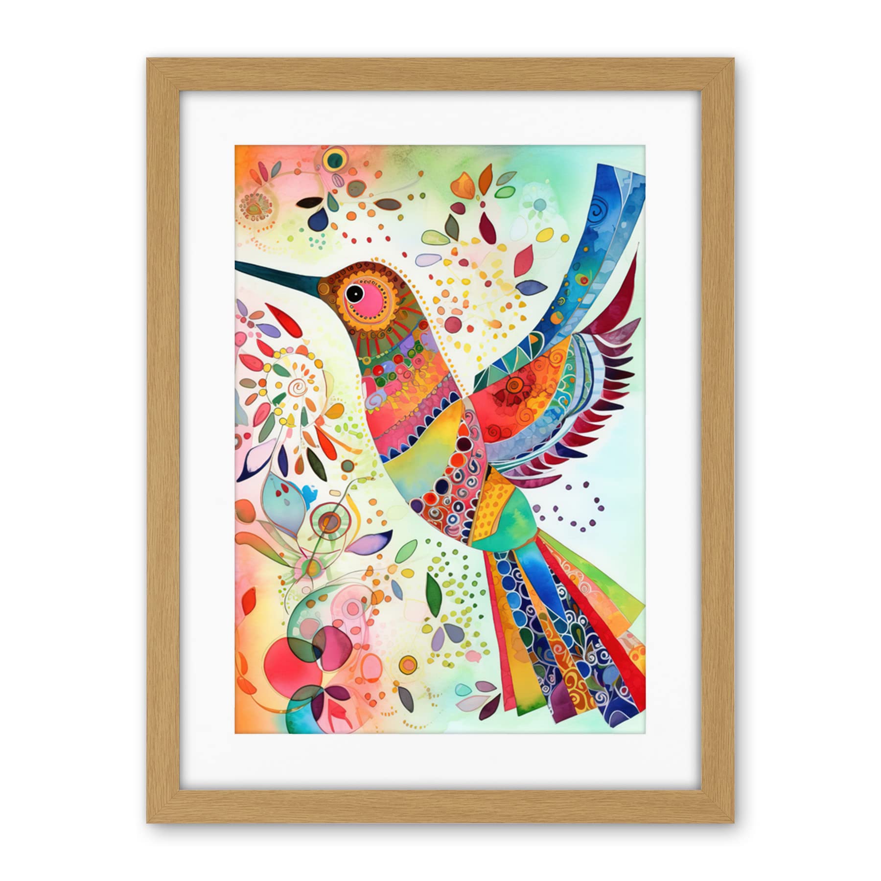 Artery8 Hummingbird With Multicolour Pattern Feathers Folk Art Watercolour Painting Artwork Framed Wall Art Print 18X24 Inch
