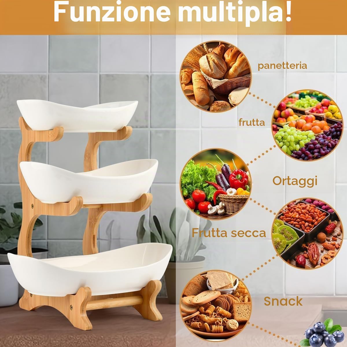 Alzata per frutta in ceramica, con 3 ripiani, piatto di frutta, 3 livelli, con supporto in bambù, piatto da portata per cucina, frutta, verdura, snack, caramelle