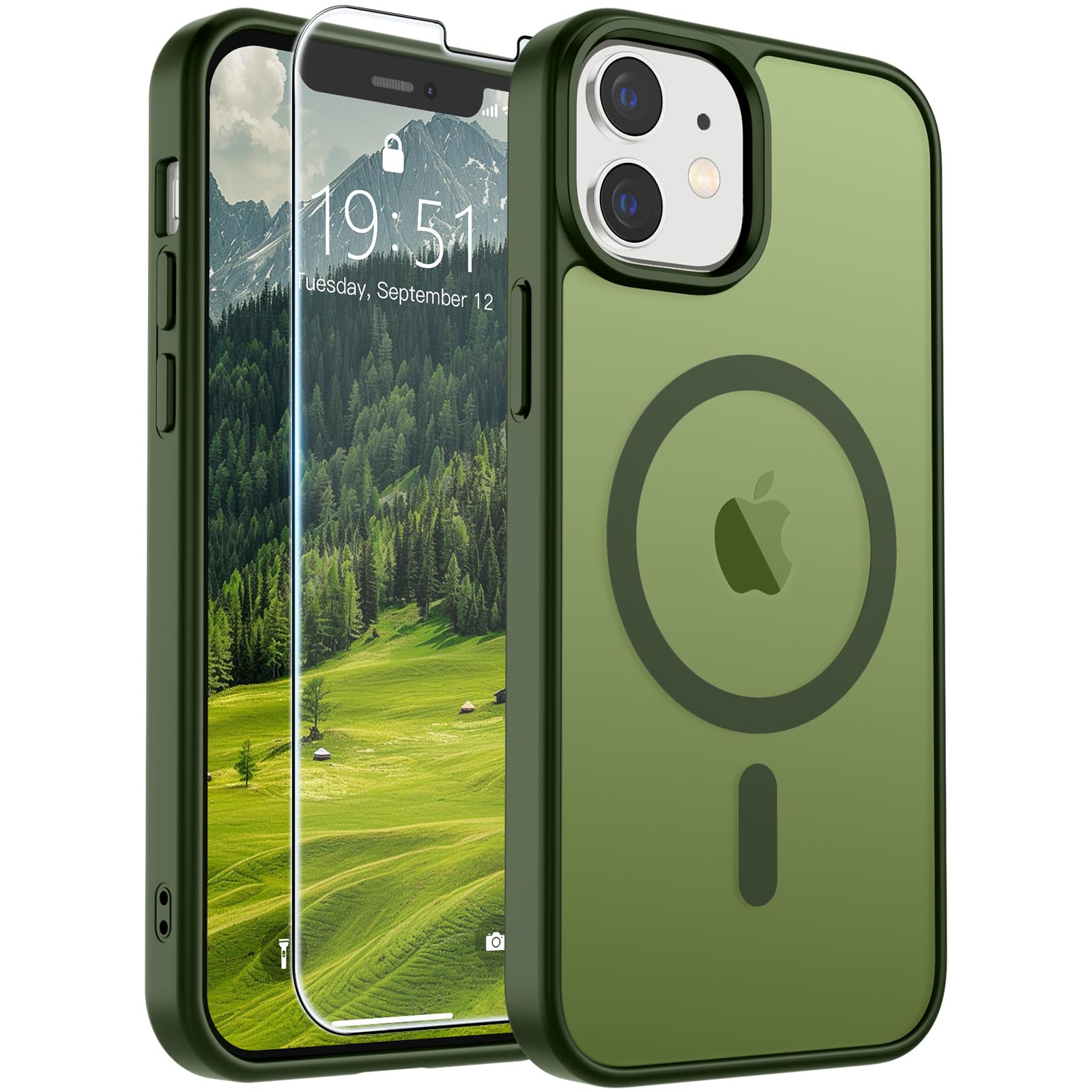 SUPFINE Magnetic for iPhone 12 Mini Case/iPhone 13 Mini Case Cangling Green | With Screen Protector, Translucent Matte, Compatible with MagSafe, Military Grade Drop Proof, Rugged Shockproof Protective