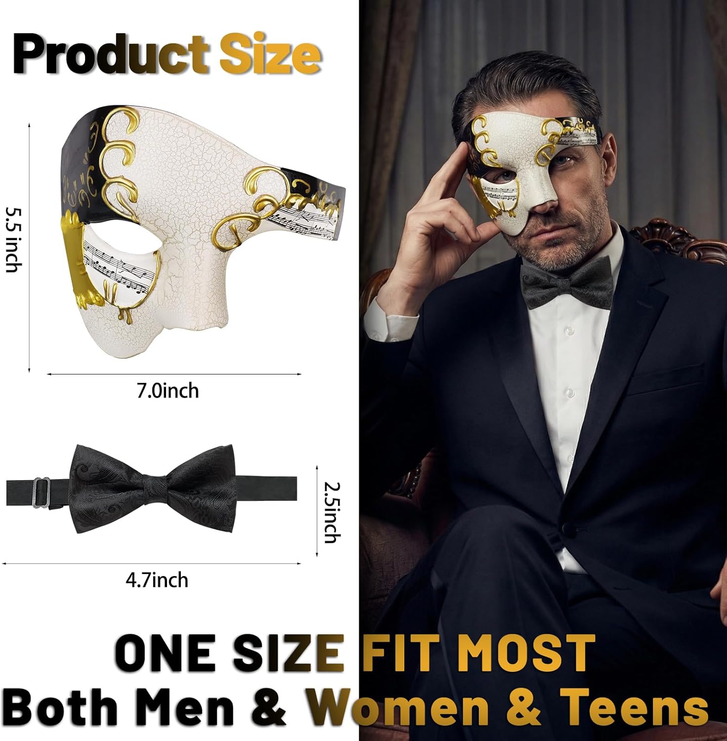 HyperFun Masquerade Mask for Men Phantom of the Opera Half Face Mask with Bowtie, Vintage Venetian Masks for Costume Parties