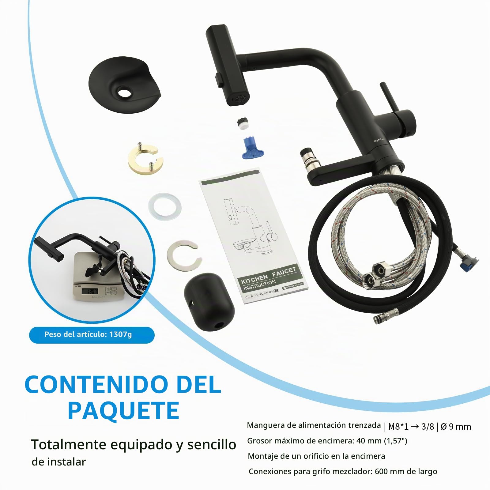 Grifo Cocina Extraible Negro Lavatazas 3 Modos,Torneira Cozinha Preta | Grifos Cocina Fregadero Monomando con Mynaiad Lavatazas, 3 Chorros, Giro 360°, acero 304 Cepillado Cocina Bar Baño