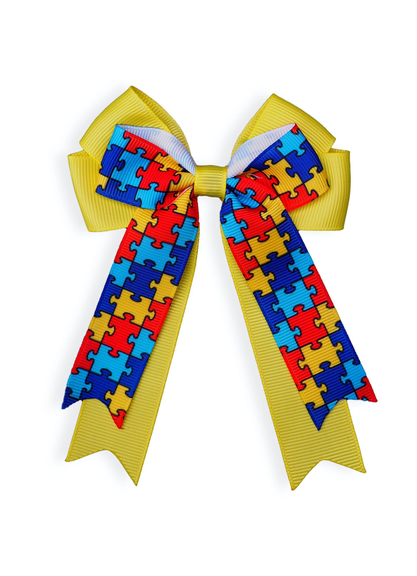 MeiMei Awareness Puzzle Pieces Jigsaw Hair Bow 3.5 * 5.5 Inch Hair Bow, Slider Barrette, Alligator Hair Clip, Handmade Grils Women Hair Accessories, 1 Piece (Puzzle, Cheerleading25, Clip)
