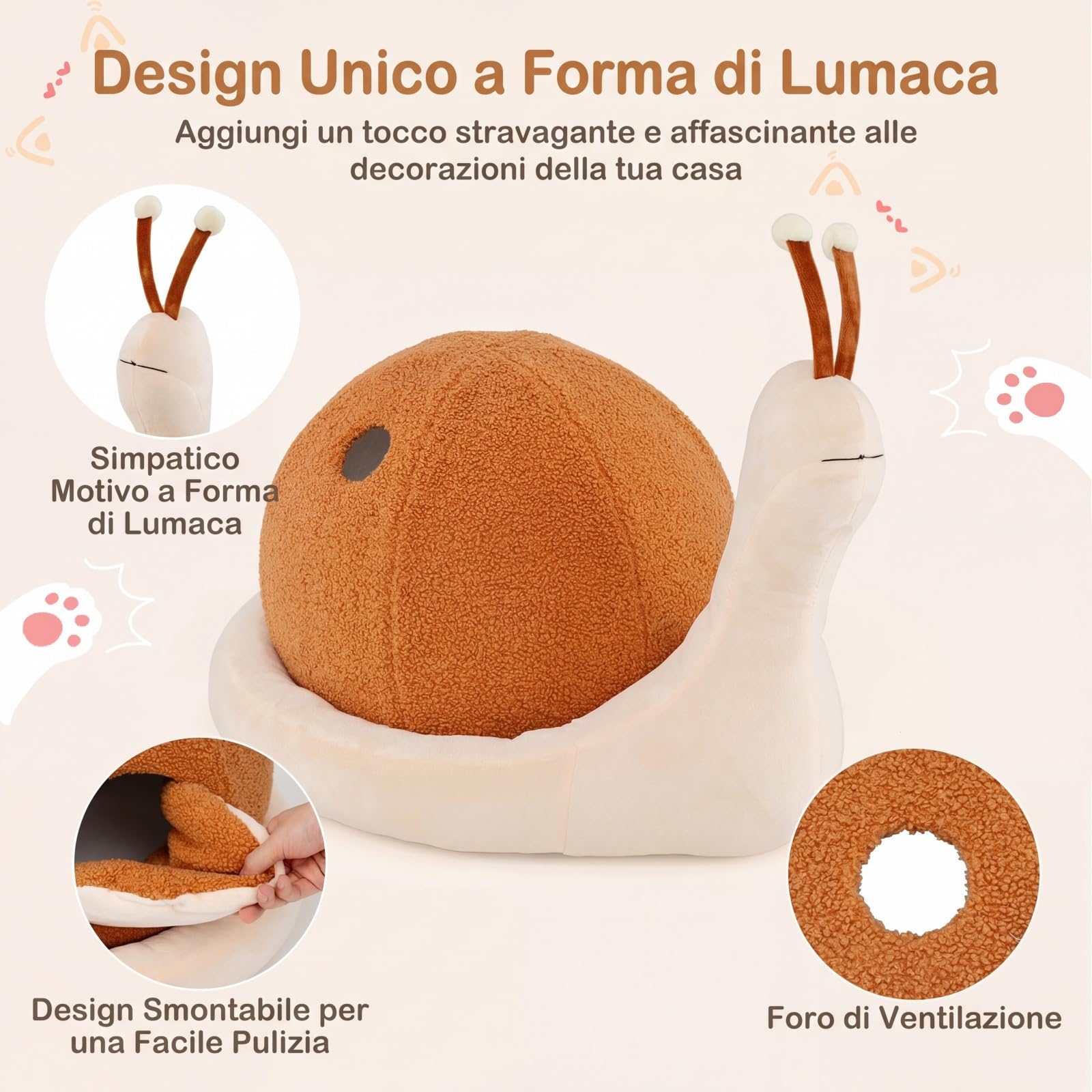 COSTWAY Cuccia per Gatti da Interno, Cuccia a Forma di Chiocciola per Gattini con Cuscino Rimovibile e Lavabile, Peluche Morbido e Fondo Antiscivolo, Letto Chiuso per Cani Piccoli e Gatti