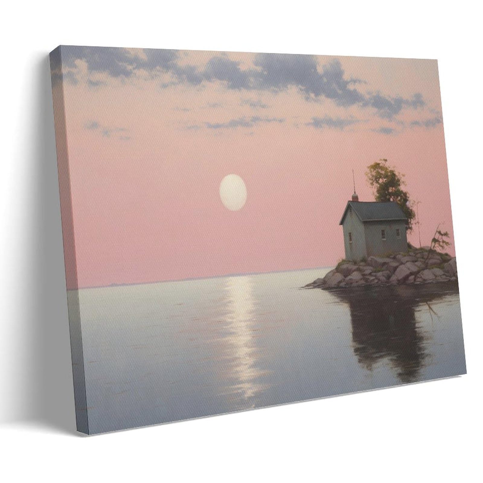 FYFMUSHE Simple House Canvas Wall Art Paintings Pink Sky Sunset Sea Vintage Pictures on Canvas Prints Framed Ready to Hang Artwork for Bedroom Home Decor 24x36inch(60x90cm)