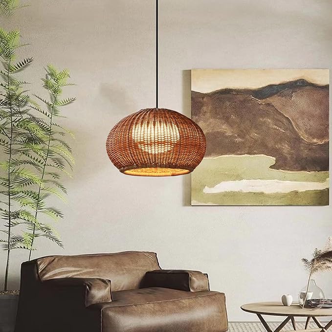 MIXL- Hand-Woven Rattan Pendant Light,Waterproof Outdoor Lighting Fixture,Adjustable Pendant Hanging Lamp,Vintage Style Hanging Light for Garden Patio and Yard