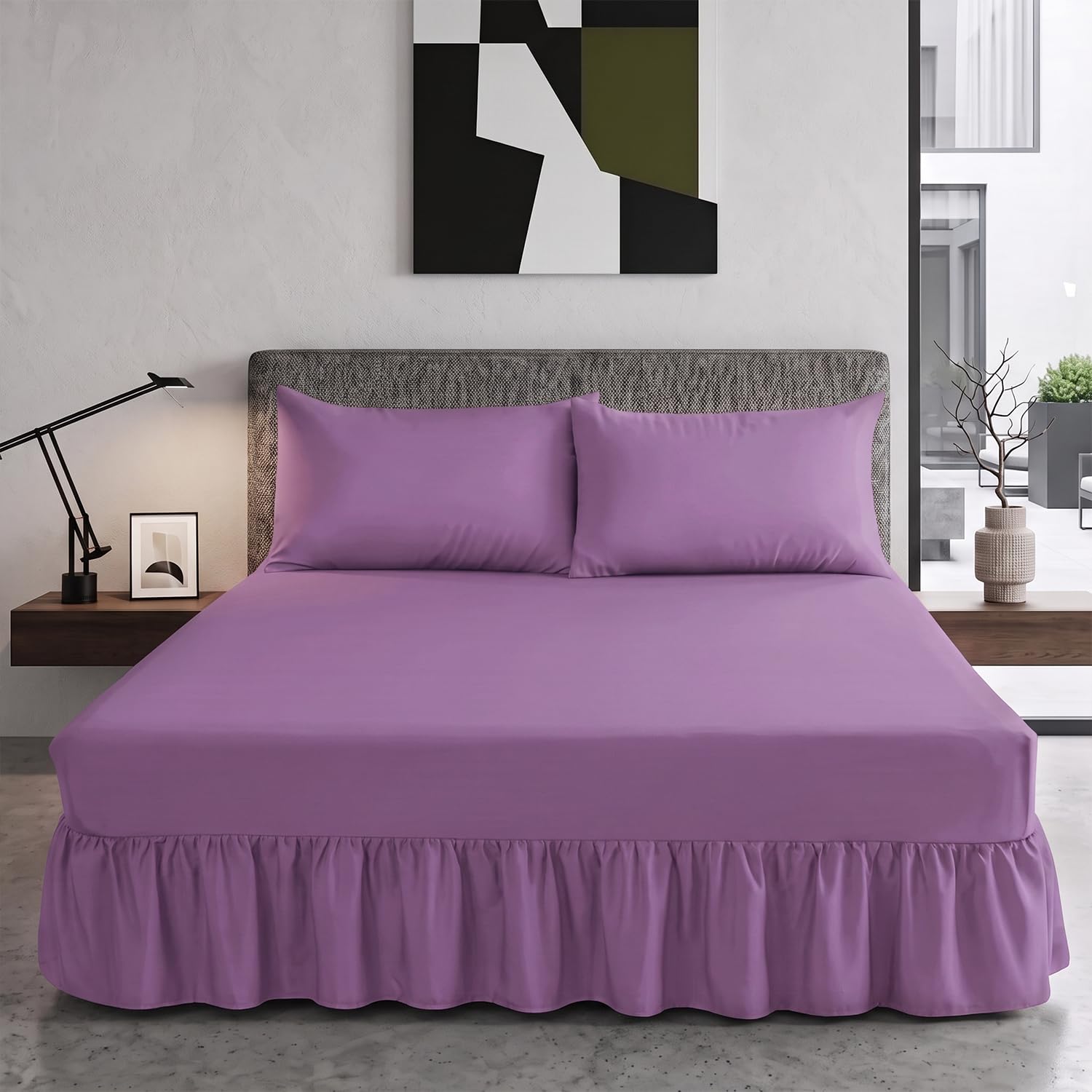 Trendy Relam Extra Deep Frilled Valance Sheet 40cm - Soft Brushed Polycotton, Non Iron Easy Wrap Elastic Sheet (King, Purple)