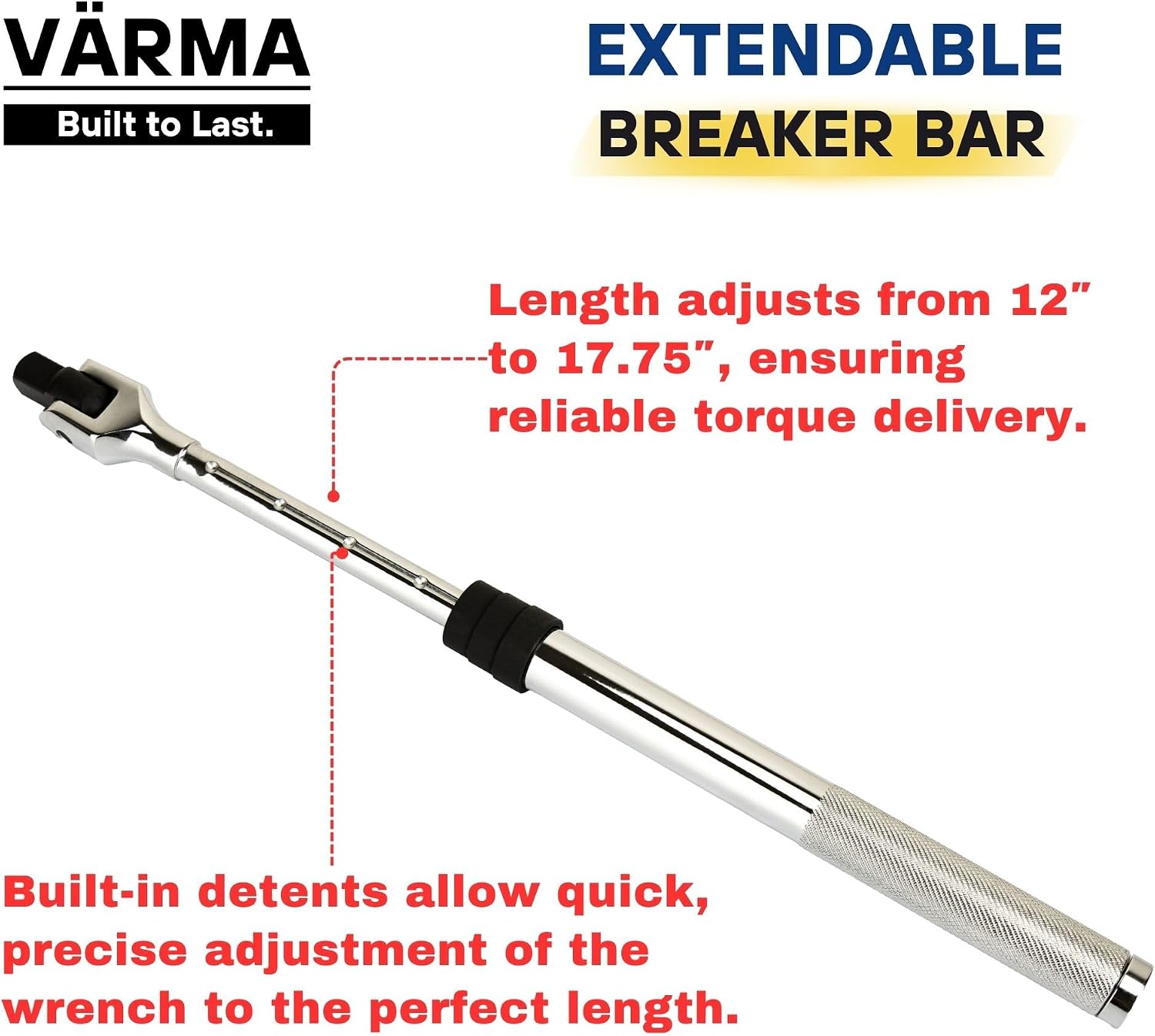 1/2" Drive Breaker Bar – 12–17.75" 6-Stage Extendable Handle, 180° Flex Head, Chrome Vanadium, High Torque