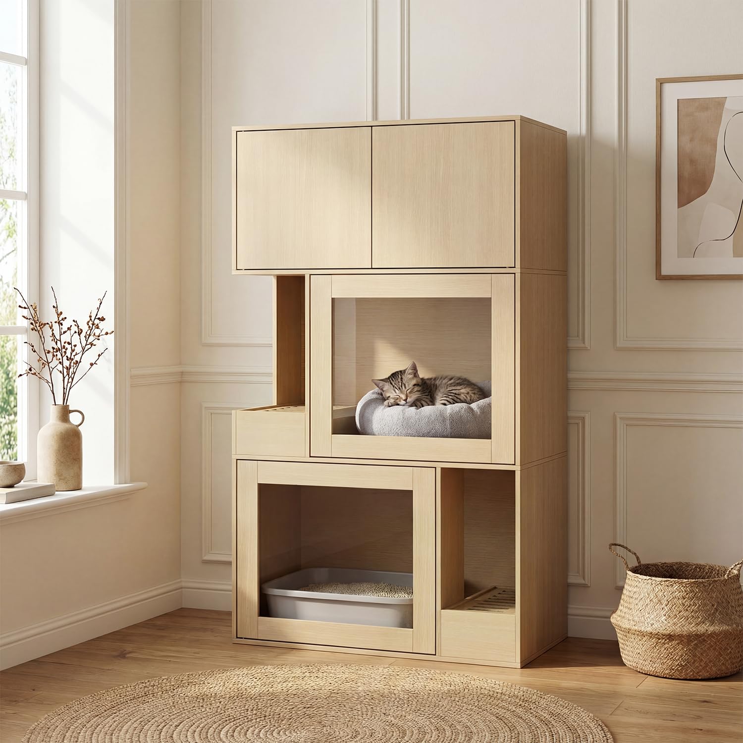 Armario para arenero de gato de 3 niveles con cajón y puerta & entrada, 3 en 1 casa para gatos arenero mesa auxiliar, armario para arenero de gato cómoda para gatos, cueva para mascotas, color madera