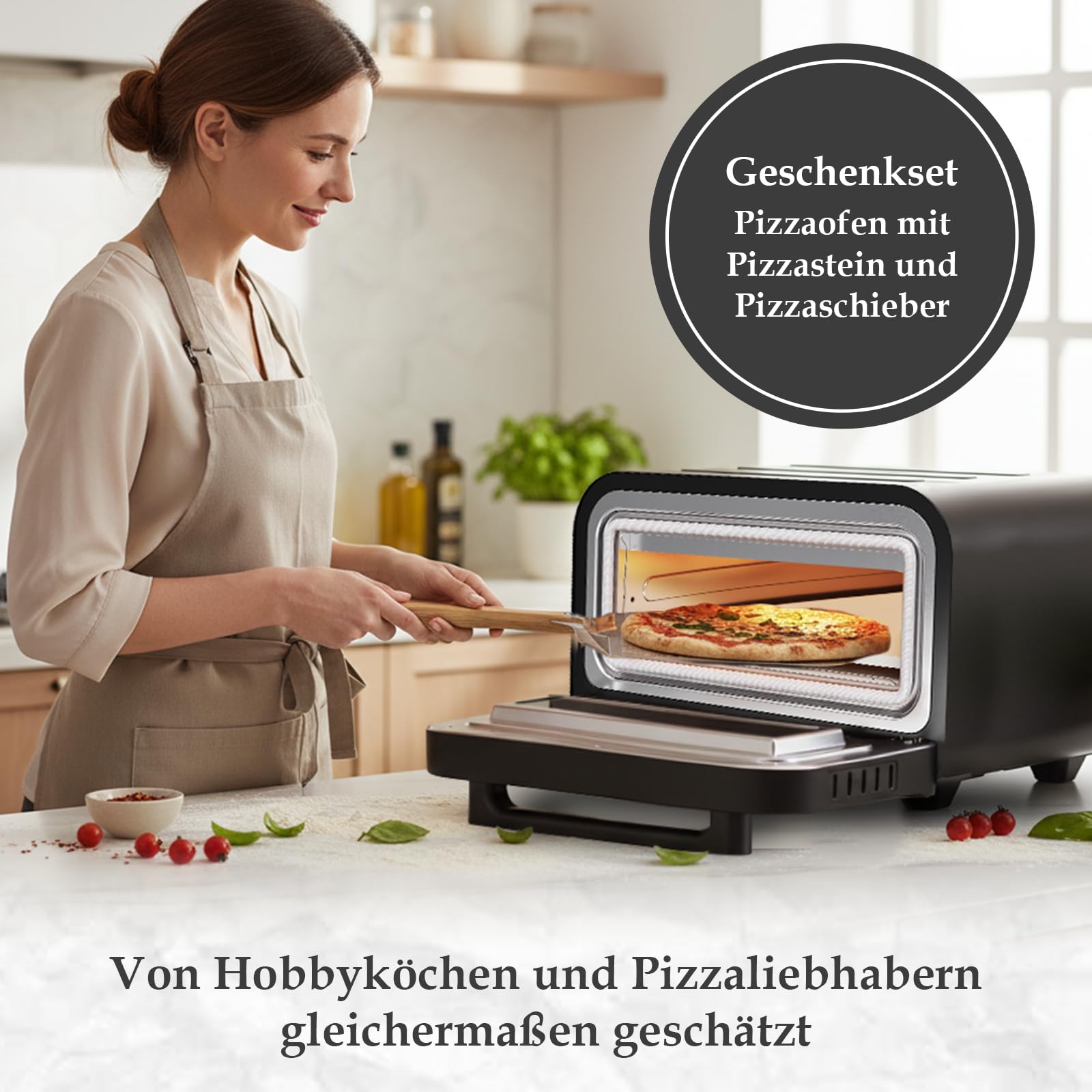 Pizzaofen Elektrisch 450 Grad mit Pizzastein, Profi Steinofen für Zuhause Indoor, Timer Ober Unterhitze 80-450°C Sichtfenster Innenbeleuchtung Tischpizzaofen Edelstahl