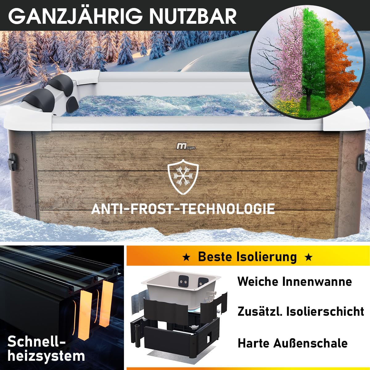 BRAST Whirlpool MSpa Amber Aero Plus mit Fester Außenwand | 180x180x65cm für 6 Personen | 140 Massagedüsen | LED-Beleuchtung in 20 Farben | Ganzjähriger Einsatz Winterfest | In & Outdoor Pool