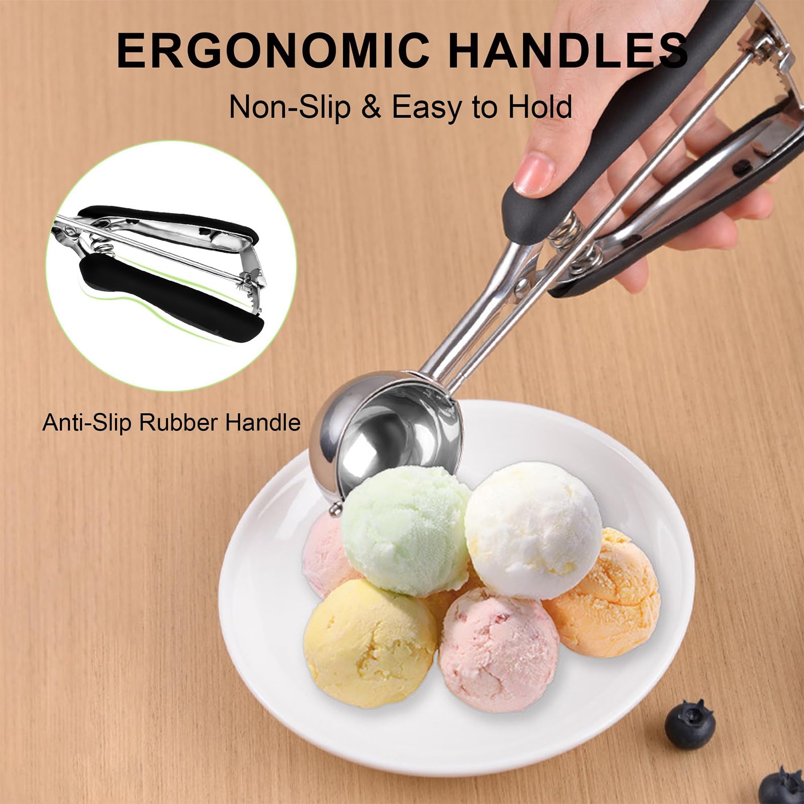 Cuchara de Helado, 4cm Cucharón de Helado con Gatillo, Negra Sacabolas, Pbolas de Acero Inoxidable, para Masa de Galletas, Sorbete, Almendra Apto para Lavavajillas