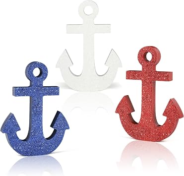 COCHIE Wooden Anchor Nautical Decorations Set of 3, Double-Sided Summer Nautical Tiered Tray Decor, Wood Cruise Anchors Sign for Tabletop, Home, Office, Desk, Shelf, Party Decoration Shinny Anchor