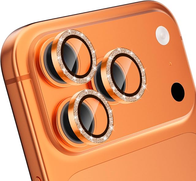 CloudValley Glitter Camera Lens Protector for iPhone 17 Pro/iPhone 17 Pro Max, Anti-Scratch HD Tempered Glass, Shatterproof Metal Ring Cover, Easy Installation, Glitter Titanium Orange
