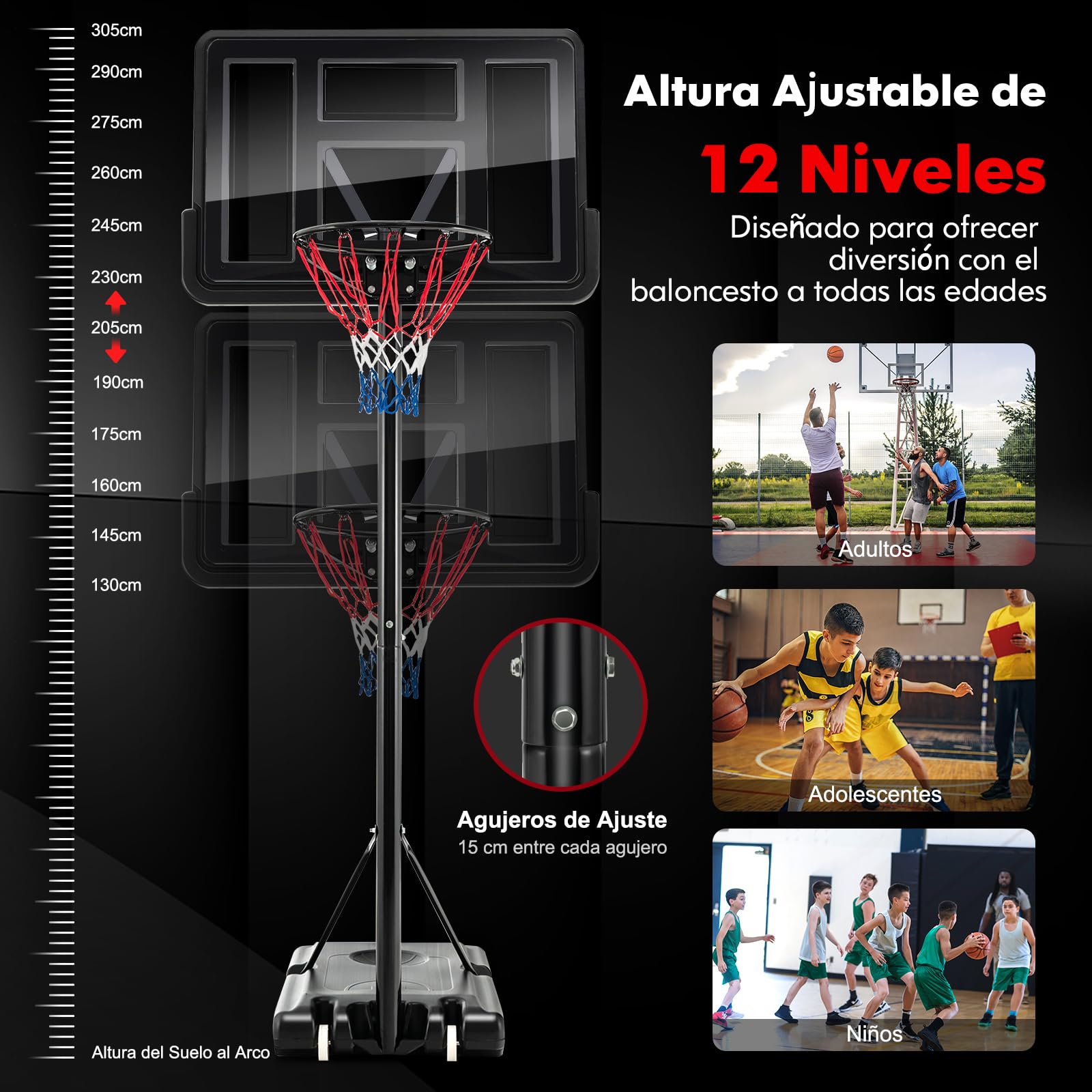 COSTWAY Canasta de Baloncesto Exterior, Altura Ajustable de 12 Niveles, 1,3 a 3,05m, Móvil con Ruedas, Base Rellenable, Canasta Baloncesto Adultos y Niños