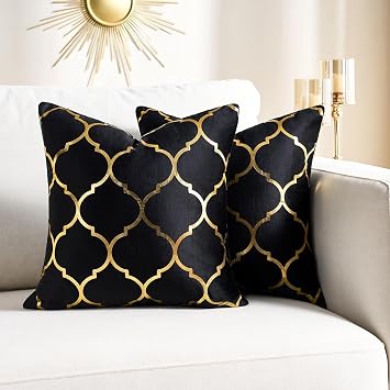Black and Gold Pillow Covers 12x12 Decorative Throw Pillow Covers Square Soft Small Cushion Cover Modern Home Decor for Couch Cushion Living Room Bedroom Set of 2