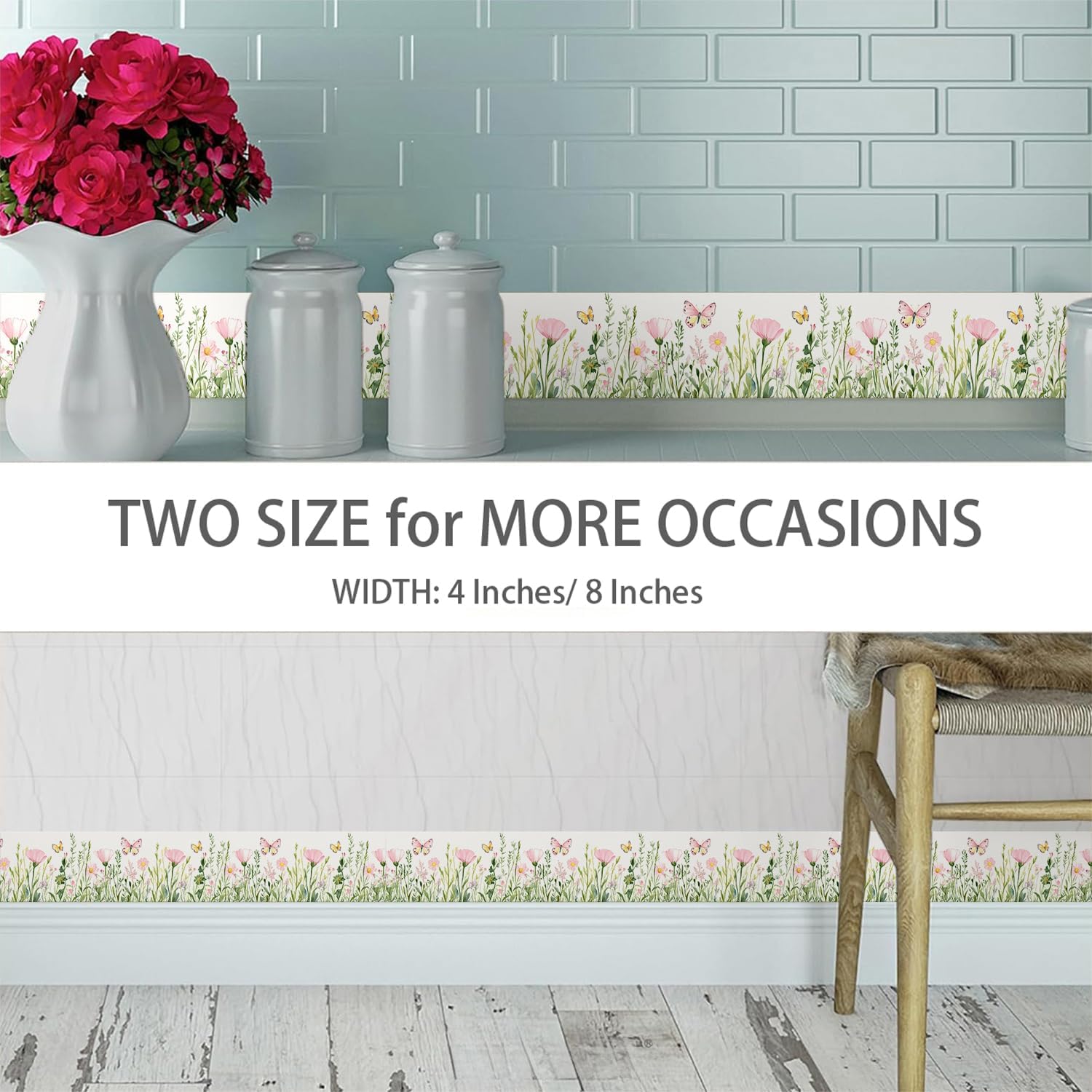 393"x4" Watercolor Elegant Pink Green Flower Butterfly Wallpaper Border Peel and Stick Wall Border Self Adhesive Removable Vinyl Trim for Living Room Bedroom Bathroom Kitchen Cabinet Decoration