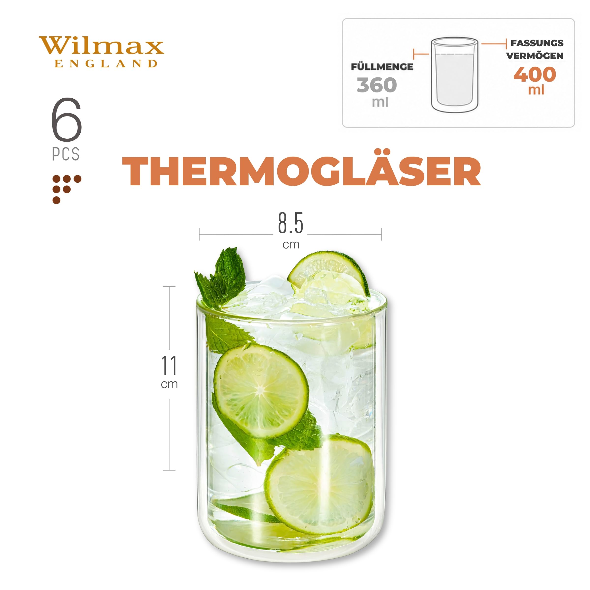 Wilmax | Thermogläser 400 ml | 6er-Set | Doppelwandige Gläser aus Borosilikatglas – Latte Macchiato Gläser, Kaffeegläser & Teegläser | Spülmaschinenfest