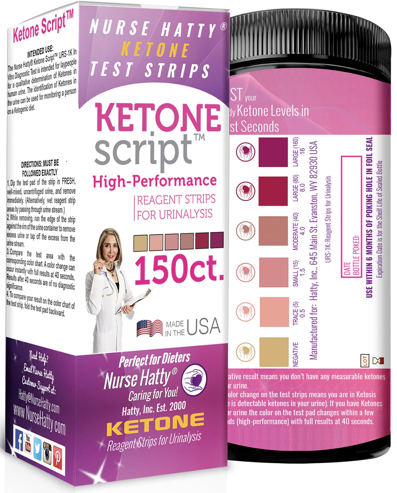 nurse hatty - ketogenic keto strips  fresh  usa-made  high-performance  now lasts 6 months - 2-year shelf life 150ct long ketone test strips