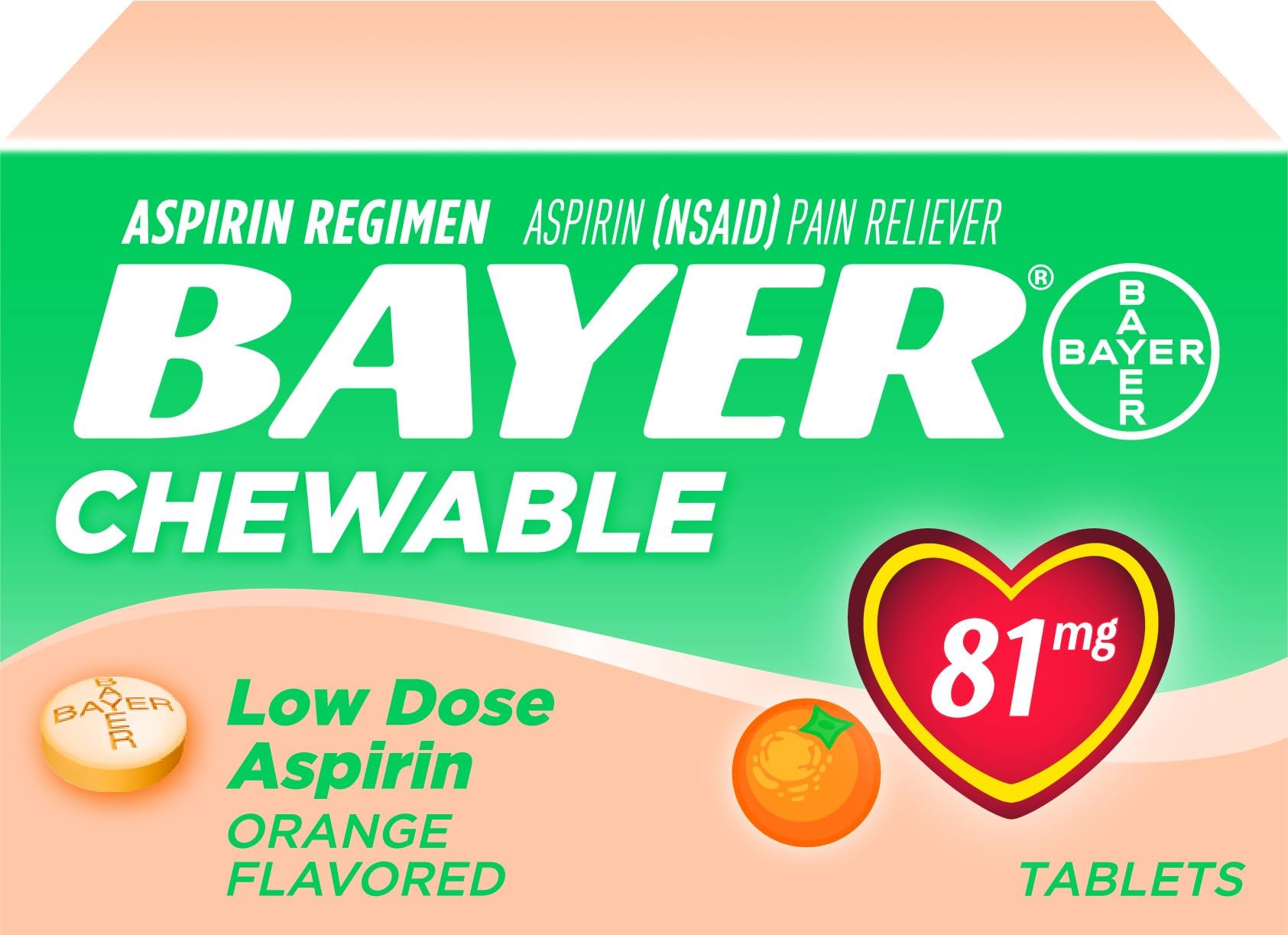 Aspirin Regimen Bayer, 81mg Chewable Tablets, Pain Reliever, Orange, 108 Count