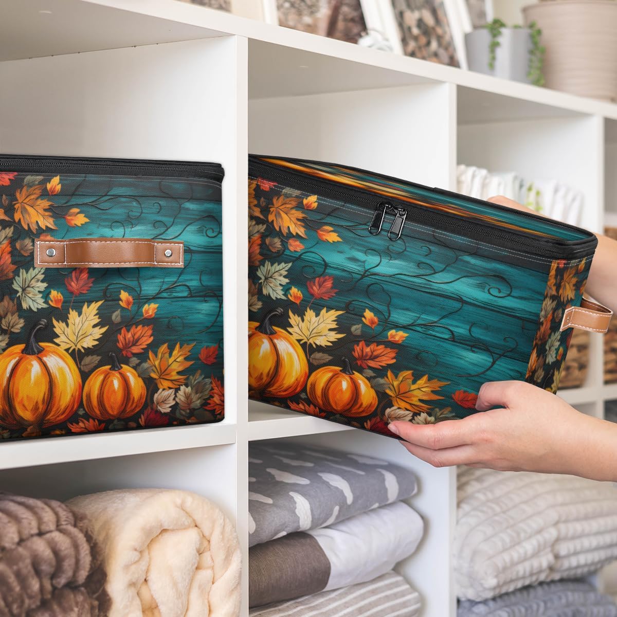Storage Bin Set of 2 Maple Pumpkin Storage Basket with Zipper Lid & Handle Foldable Closet Shelf 2 Pack Cloth Organizer Basket Cube Bins Clothes Organizer for Nursery, Bedroom