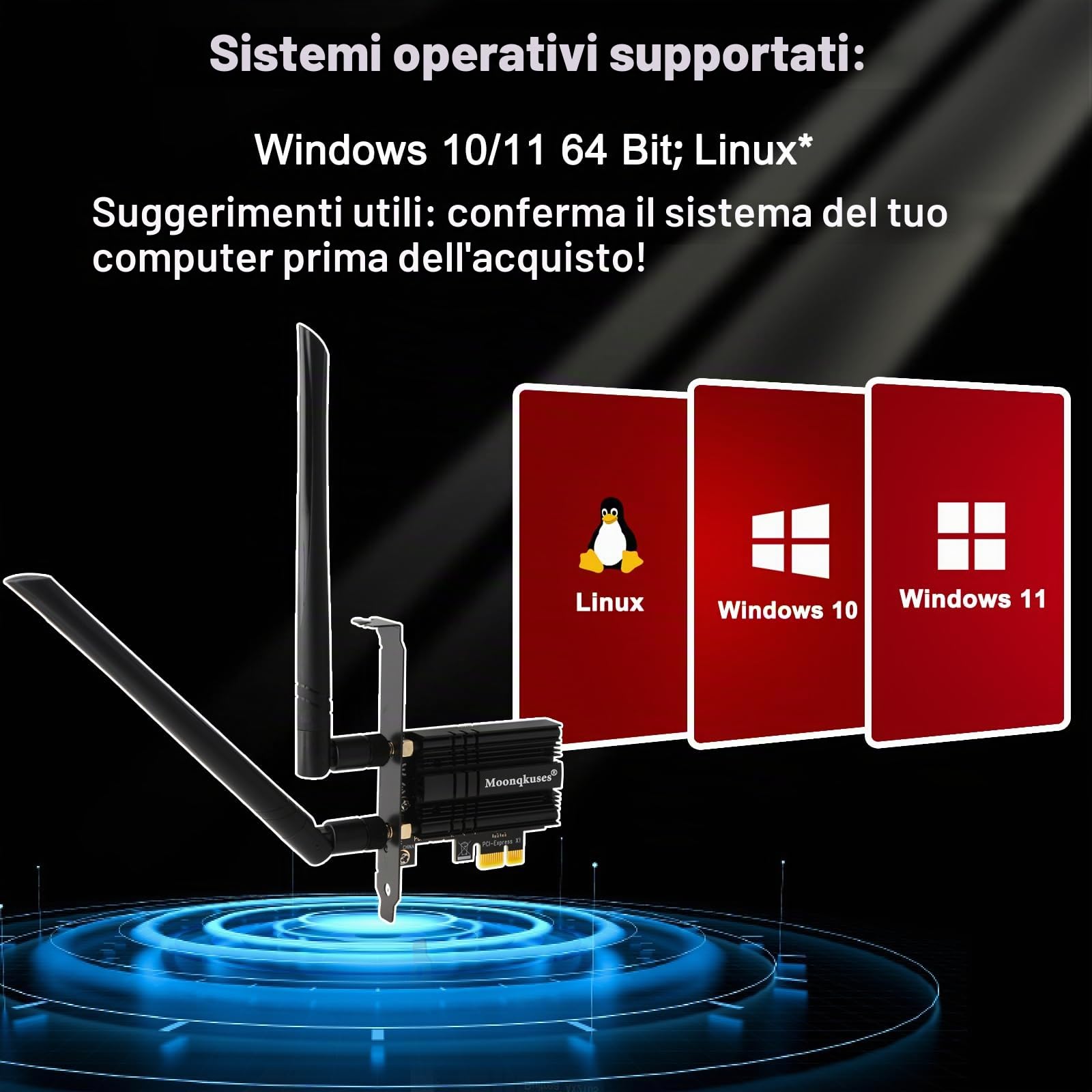 WiFi 6E Scheda WiFi PCIe 5400Mbps con Bluetooth 5.3, Chipset Wi-Fi 6E AX210, Tri-Bande (6GHz/5GHz/2.4GHz) Scheda di Rete Adattatore Wireless per PC Fisso Windows 10/11(64 bit)