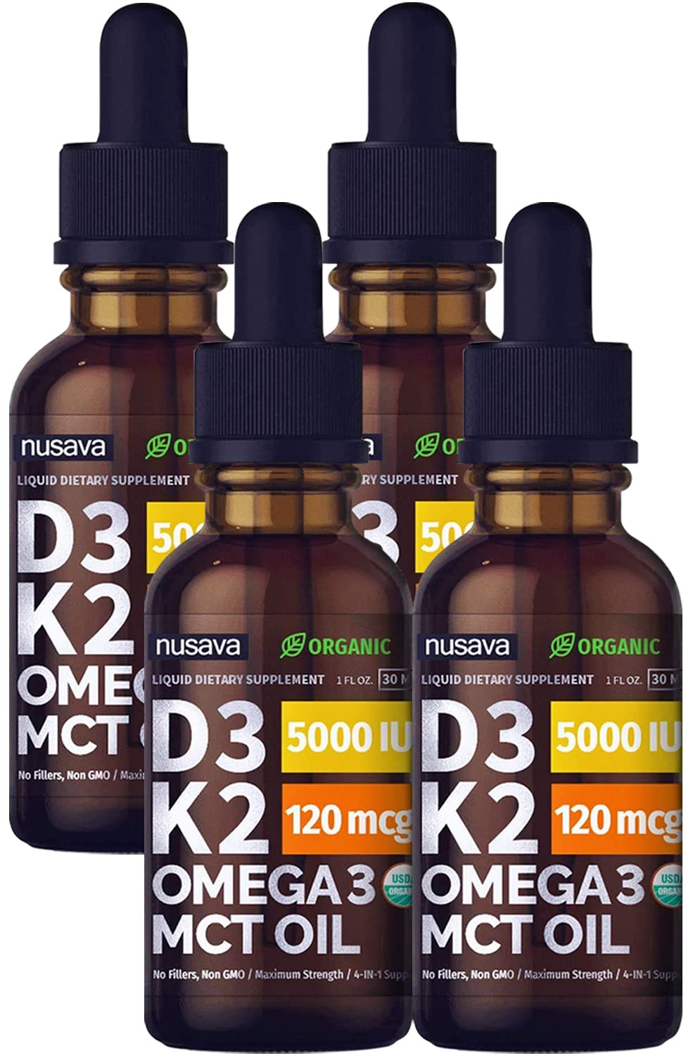 (4 Pack) Organic Vitamin D3 K2 Drops w MCT Oil Omega 3, 5000 IU, Maximum Strength Vitamin D Liquid 5000 IU, No Fillers, No...