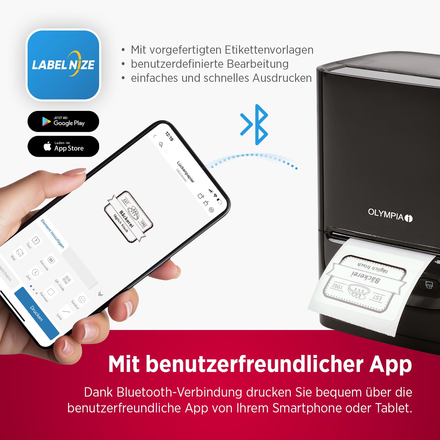 Olympia Etikettendrucker PM220 Schwarz | Bluetooth Etikettendrucker Selbstklebend für Zuhause und Unterwegs | Tragbarer Thermotransferdrucker für Wasserfeste Etiketten | Mobiler QR Code Label Printer