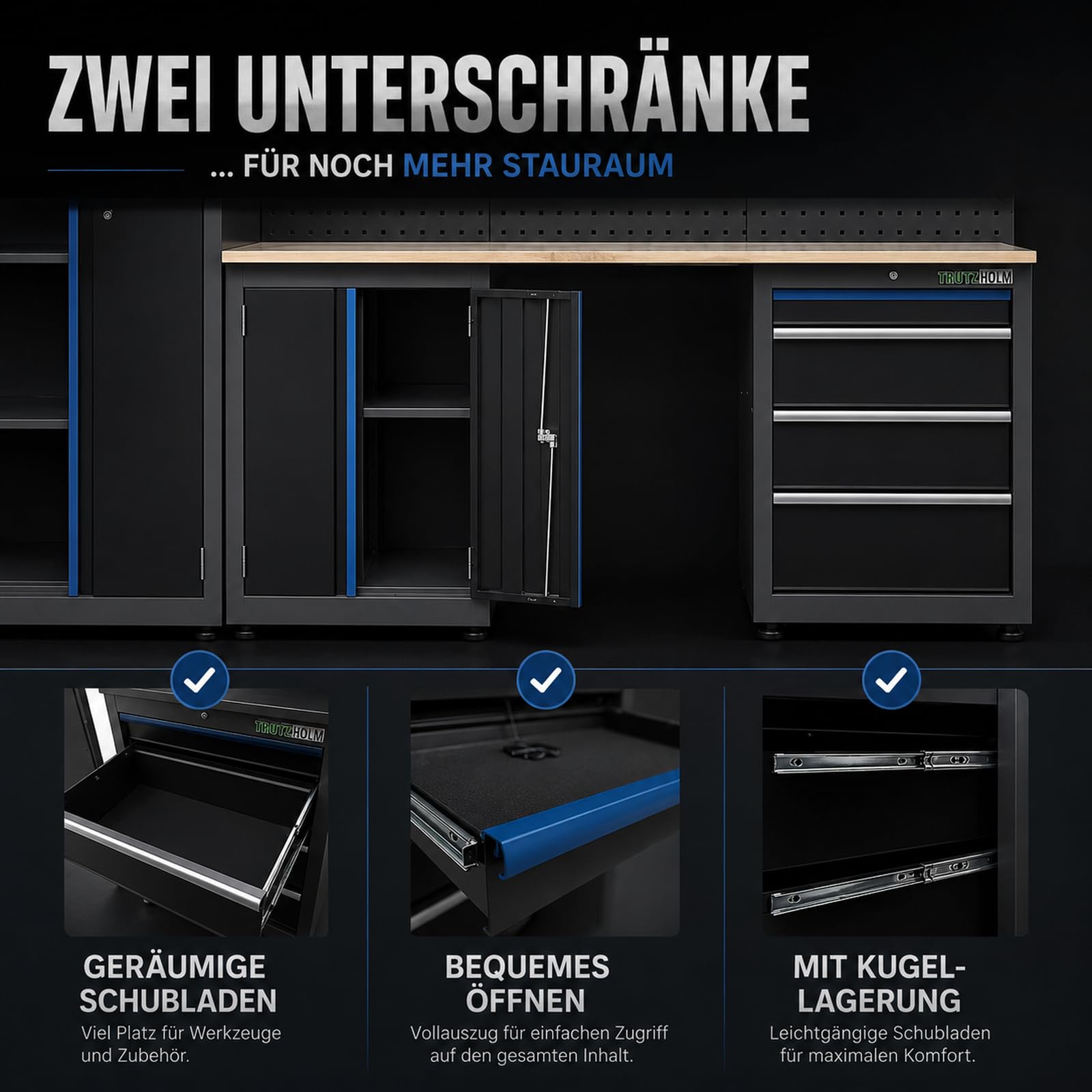 TRUTZHOLM Werkstattwand 13 tlg. aus Stahl 260 x 183 cm modulares Werkstattschranksystem flexibel stellbar & abschließbar mit Holzarbeitsplatte Hochschrank Schubladen Lochwand für Werkstattorganisation