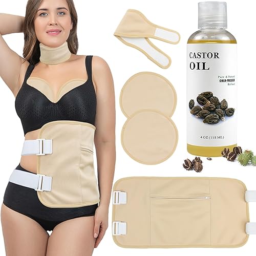 Aceite de ricino orgánico prensado en frío sin refinar, paquete de aceite de ricino con correa ajustable y bolsillo, kit de aceite de ricino