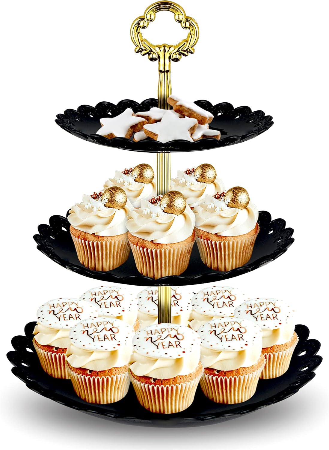 NWK Large 3-Tier Cupcake Stand 10.9Inch Plastic Serving Tray for Wedding Birthday Baby Shower Tea Black and Gold Halloween Party (Black)