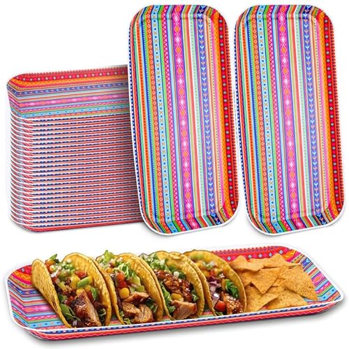 Wehhbtye 24 Pcs Mexican Food Serving Trays, Small Size 10.6'' x5'' Cinco De Mayo Paper Serving Platter, Colorful Striped Mexican Fiesta Plates for Single Taco Nacho Snack Themed Party Supplies