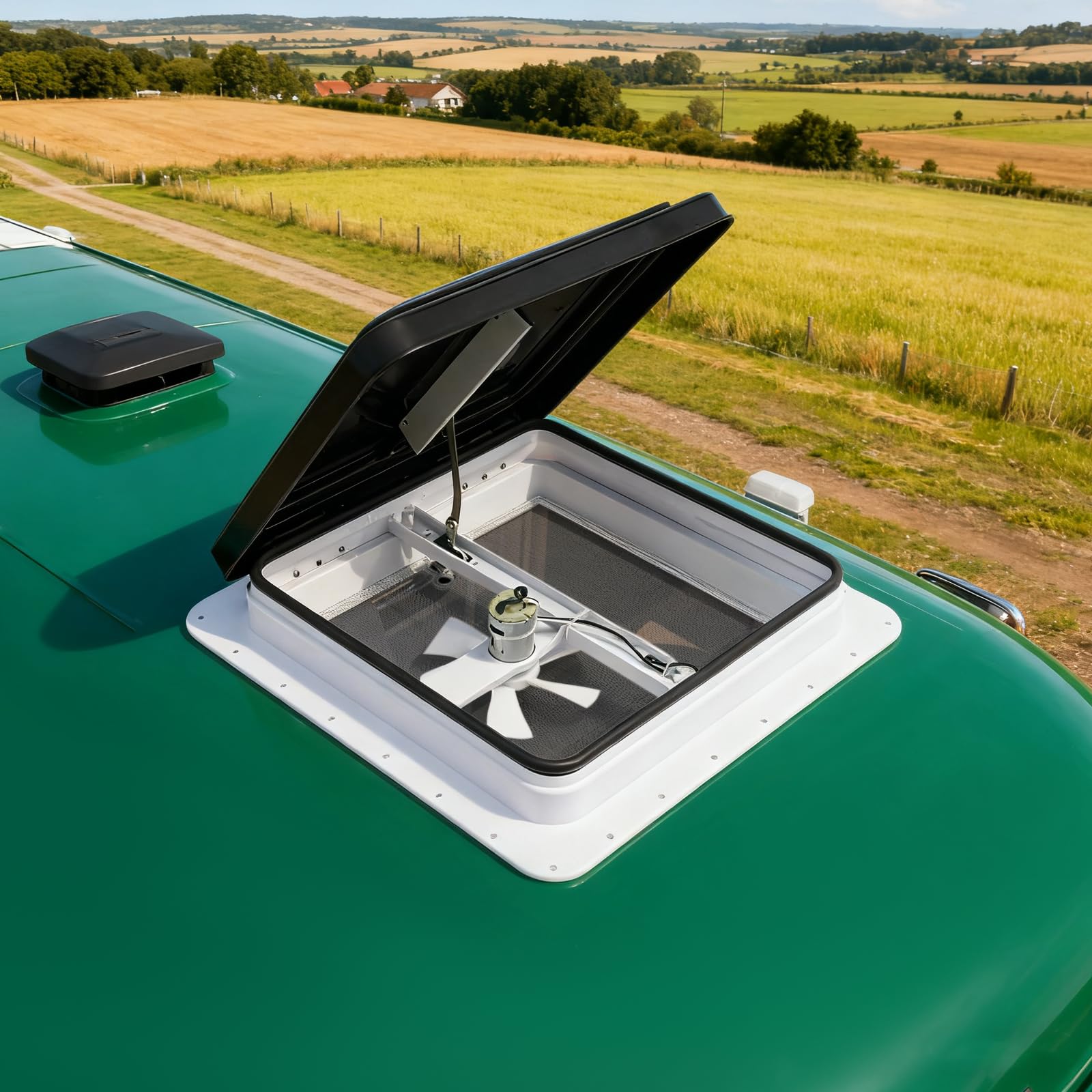 Ventana de techo para autocaravana 42x42 cm, claraboya universal de 14x14 pulgadas con ventilador, protección contra mosquitos y privacidad, montaje rápido para camper, furgoneta, camión