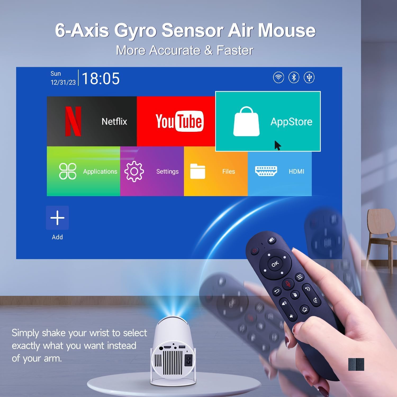 Tragbarer Beamer 4K, 1080P FHD Mini Beamer, kompatibel mit Android und Netflix, WiFi 6, BT 5.0, 180°-Drehung, Projektor mit automatischer Trapezkorrektur.