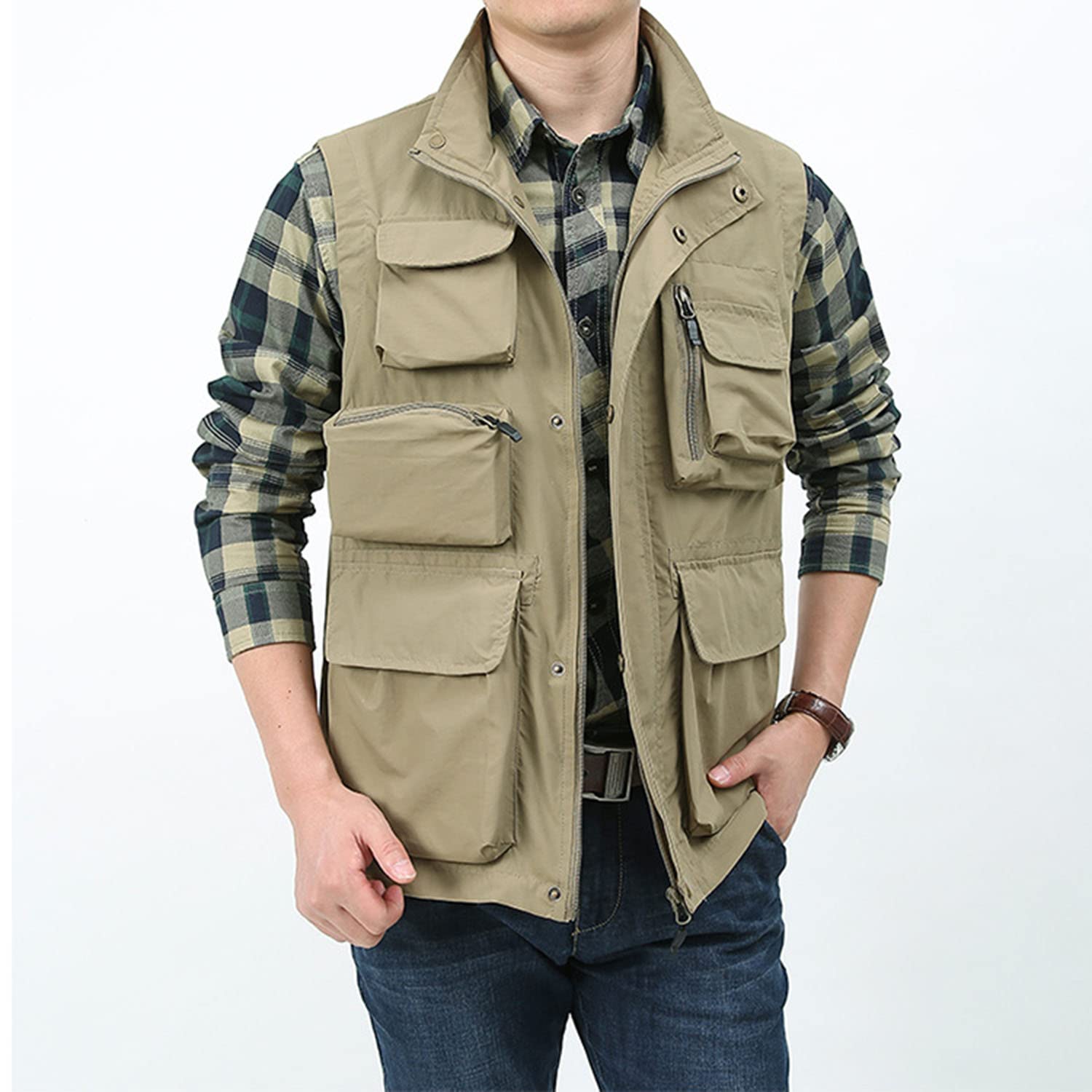 Chaleco Sin Mangas con Multibolsillos para Hombre Chaleco De Pesca Exterior Chaleco Casual Multifuncional Chaqueta Impermeable De Secado Rápido